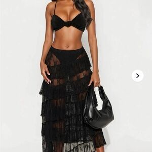 Black Lace Asymmetrical Tiered Sheer Maxi Skirt Size L EUC NWOT